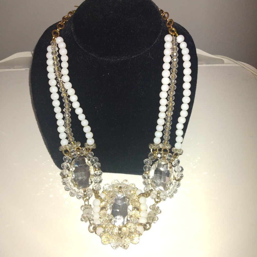 ❤️Massive MIRIAM HASKELL Statement Necklace Signed Milk Glass / Crystal